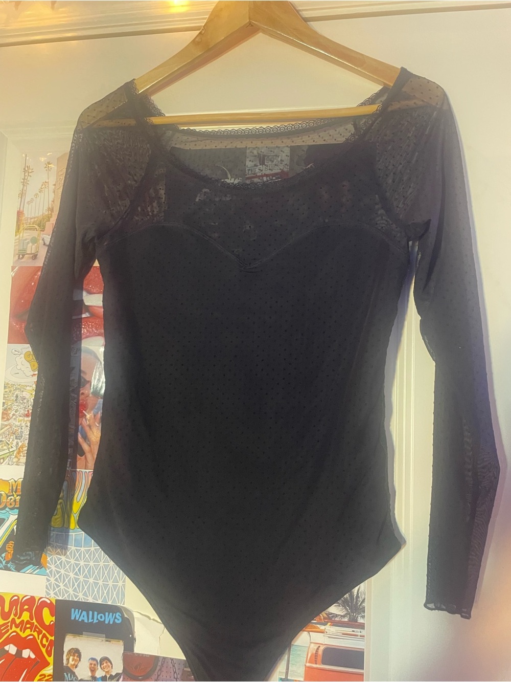 Abercrombie & Fitch Black Sheer Dot Mesh Long-Sleeve Bodysuit